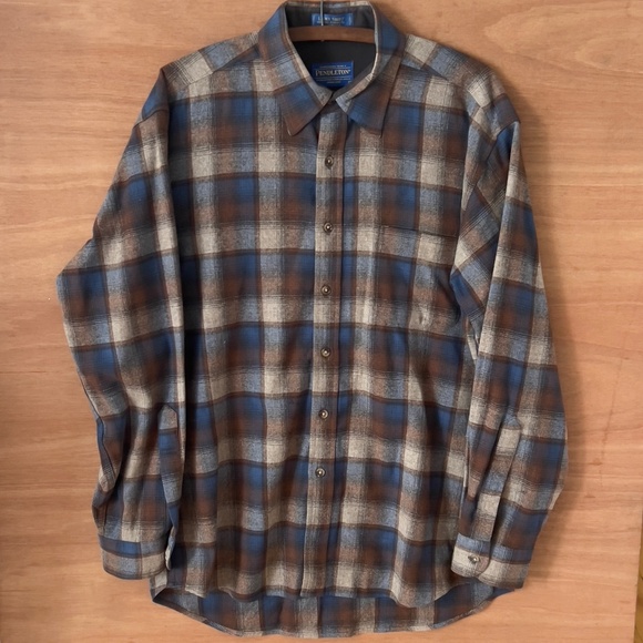 Pendleton wool  flanel plaid Lodge Shirt men's L large brown blue tan button up - Picture 1 of 10